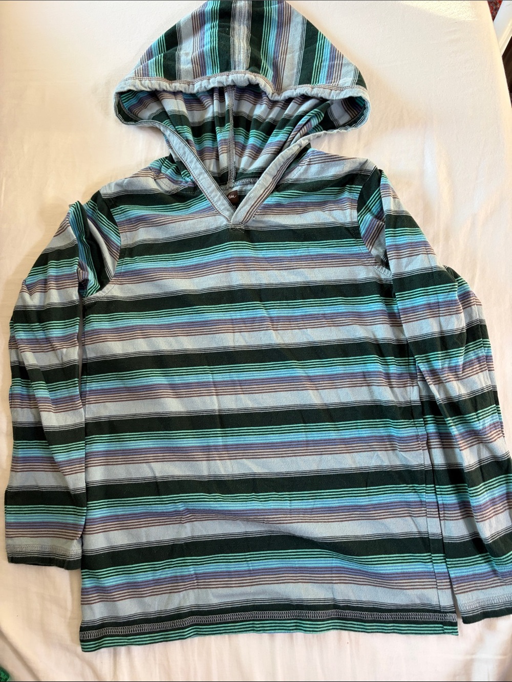 Kids Long-Sleeve Hooded Stripe Top in Teal & Gray